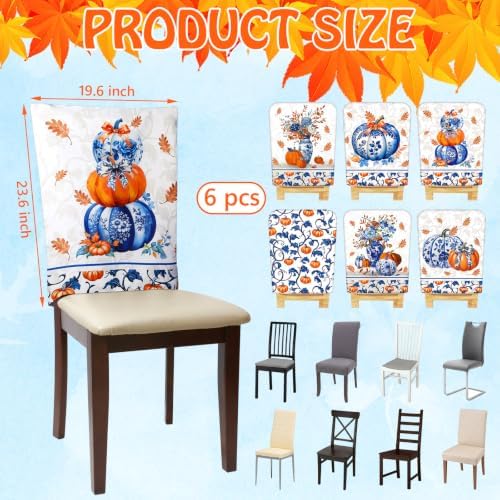 6 Pcs Fall Chair Covers, Blue Vase Pumpkin Slipcovers