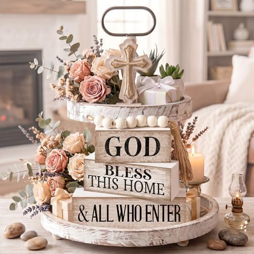 Moucuny 4 Pcs Christian Table Decor Rustic God Bless This Home Stacked Sign