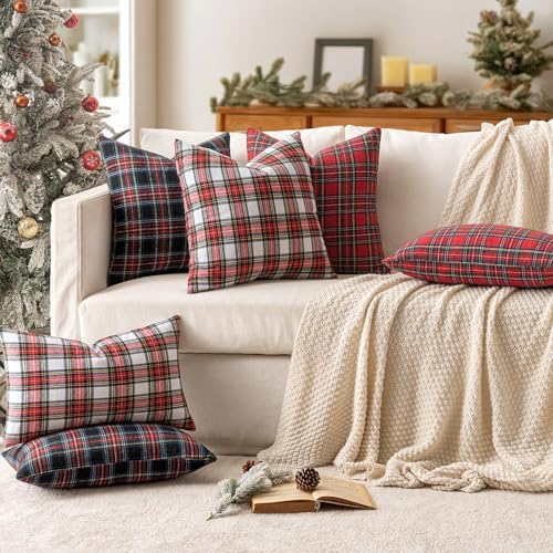 MIULEE Christmas Plaid Pillow Covers Scottish Tartan 26x26 Red and White