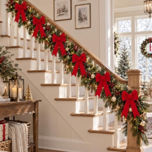 12 Pcs Golden Edged Red Velvet Tree Topper Bows, Large Christmas Wreath Bow