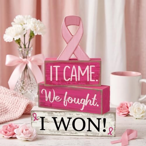 Lineshading 4 Pcs Breast Cancer Wooden Block Signs Farmhouse Decor