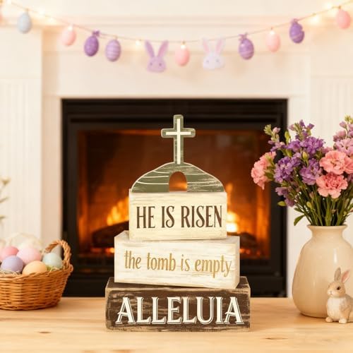 Easter Decorations - He Is Risen Tomb Cross Tiered Tray Decor - Religious Easter Wooden Tabletop Sign - Faith Farmhouse Easter Home Decor Indoor - Spring Home Decor for Living Room, Kitchen Counter, Seasonal Farmhouse Display
