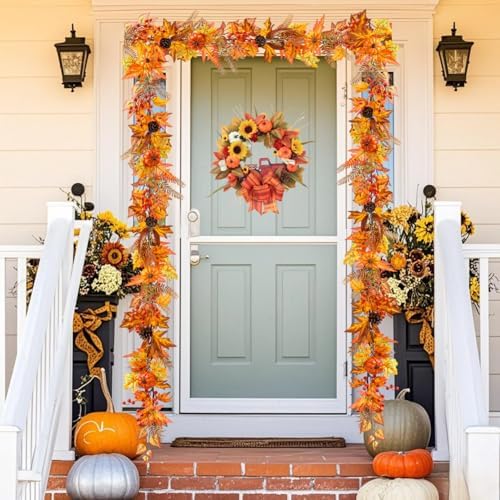 6ft Fall Maple Leaves Garland with Fern, Willow Stems, Berry, Pumpkins, pinecones. Artificial Autumn Harvest Garland for Festivals, Thanksgiving, Halloween, Fireplace Porch Indoor Outdoor Decoration
