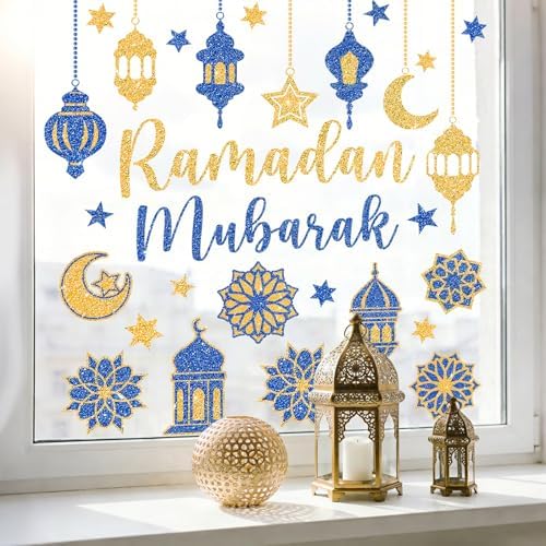 Whaline 6 Sheet Glitter Ramadan Window Clings Window Decal Blue-Gold Eid Mubarak Moon Star Reusable Anti-Collision Glass Decor for Home School Office Muslim Al Fitr Party Supplies