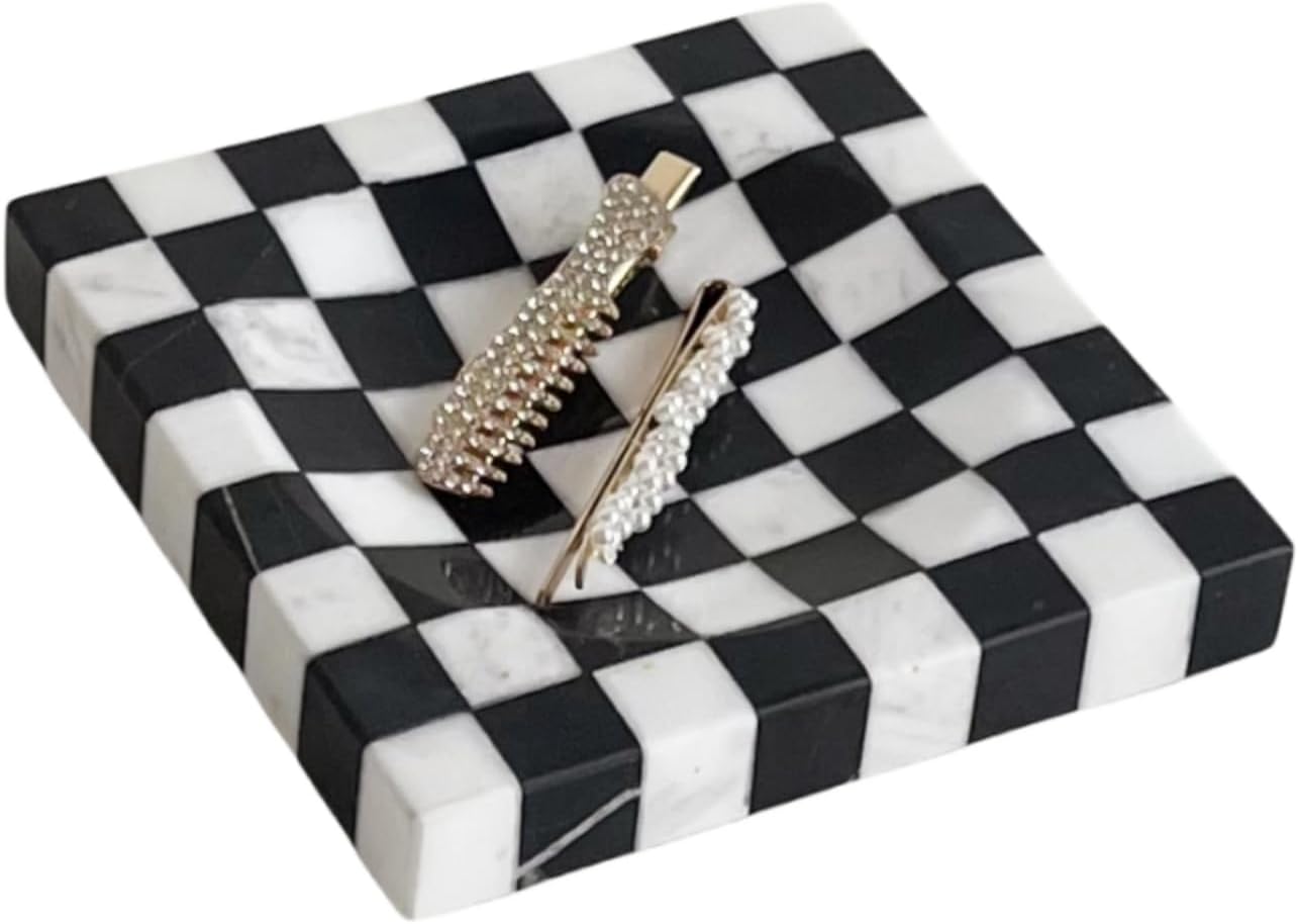 Marble Stone Checkerboard Square Small Splicing Mosaic Tray Jewelry Dish / Black and White