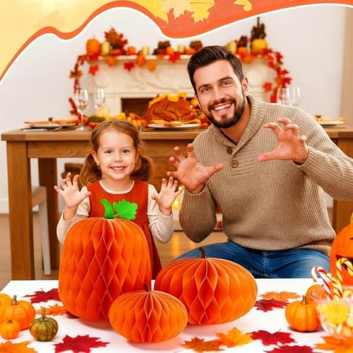 Cinnvoice 3 Pcs Halloween Fall Pumpkin Honeycomb Decor, Larger, Leaf