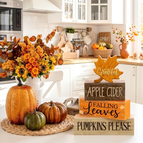 Moucuny 4 Pcs Fall Wooden Block Signs Tiered Tray Decor, Grateful