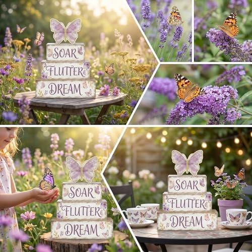 Britimes Tiered Tray Decor Set, 4 Pack, Wooden Table Sign, Butterfly Floral
