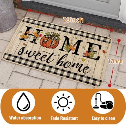 ORTIGIA Fall Pumpkin Doormat Home Sweet Home Indoor Outdoor Patio Autumn Welcome Door Mats Thanksgiving Non-Slip Durable Entrance Mat for Home Entrance Outside Entry Yard Floor Patio 17x29 INCH