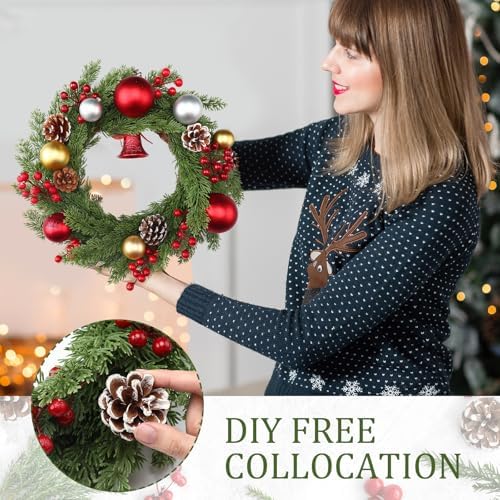 Zeyune 4 Pcs 14" Christmas DIY Green Wreath Artificial Wreath Cypress Style