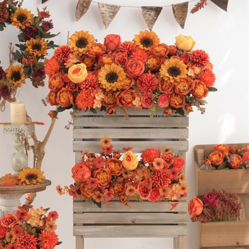 8 Pcs Mixed Autumn Artificial Peony Flower Set-4 Bouquets & 4 Stems, Orange Yellow Fake Peony Sunflower Rose Silk Flower for Fall Table Centerpiece Farm Wedding Thanksgiving Halloween Home Decor