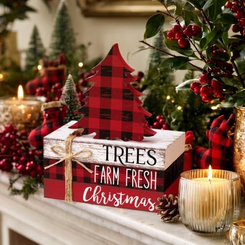 Geelin 4 Pcs Christmas Tiered Tray Decor Wooden Book Stack Signs, Red Black White Buffalo Plaid Christmas Table Decor, Farmhouse Rustic Centerpieces for Shelf Coffee Bar Office Desk Decorations