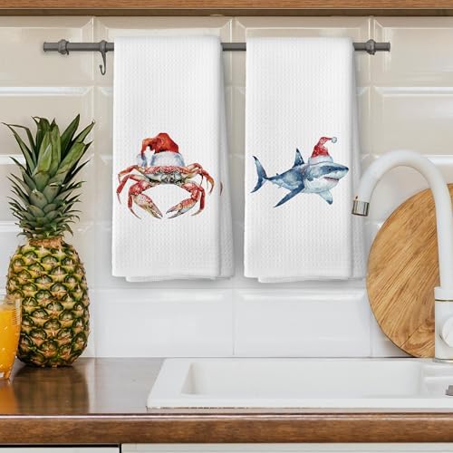 XPH Christmas Beach Kitchen Dish Towels, Crab Shark Gifts for Women, Coastal Crab Shark Christmas Hand Towels Kitchen Tea Towel Decorations, Coastal Xmas Bathroom Decor, 16x24inch Set of 2