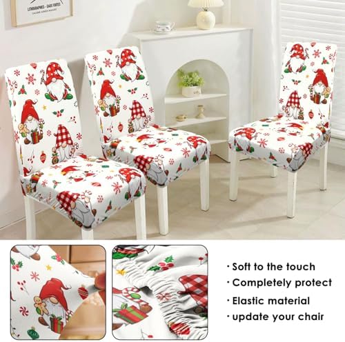 Christmas Chair Covers Set of 4, Winter Gnome Snowflake Holly Chair Protectors, Elastic Removable Washable Dining Chair Covers for Winter Christmas Kitchen Dining Room Holiday Decor