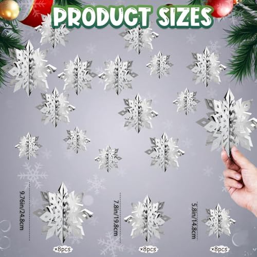 Snowflake Decorations, Paper Christmas Hanging Decor Indoor, Silver, 24-Pc