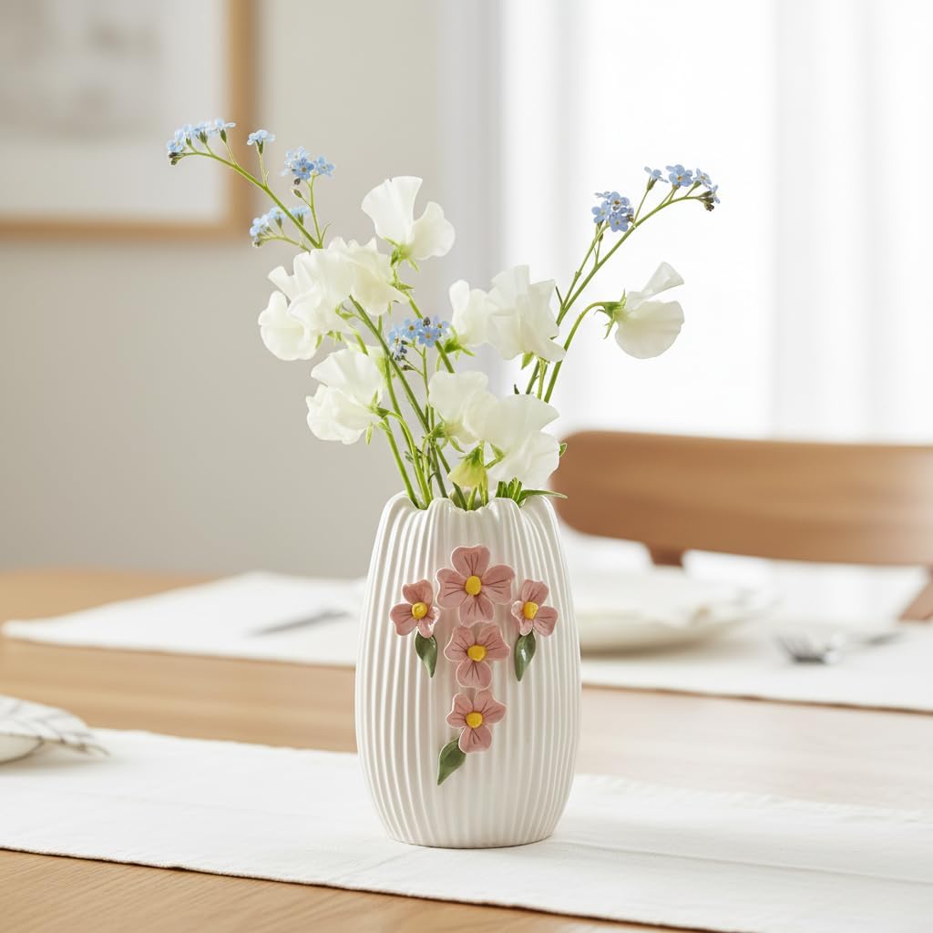White Ceramic Flower Vase / White and Pink / 7 Inch