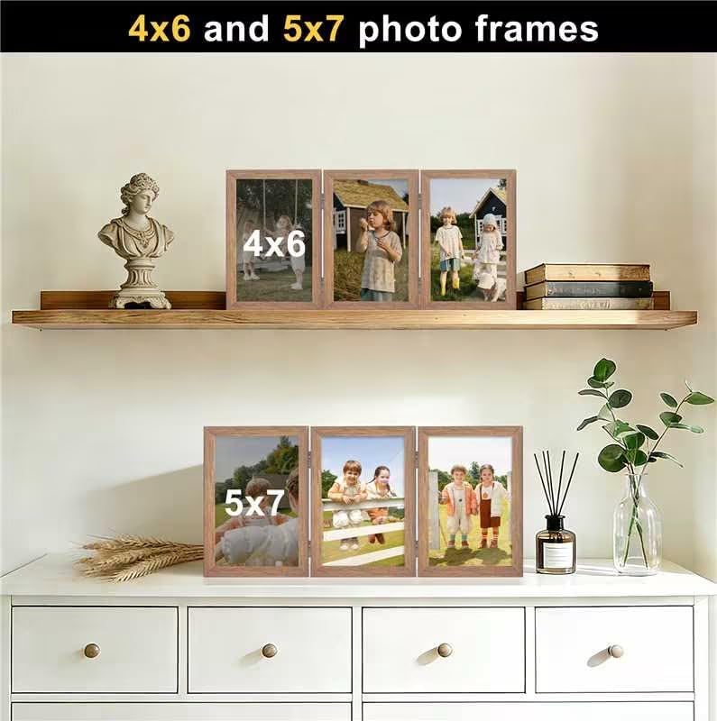 3 Picture Frame Triple Wooden Three Hinged Photo Frame Definition Glass Stand / Grain / 4 x 6