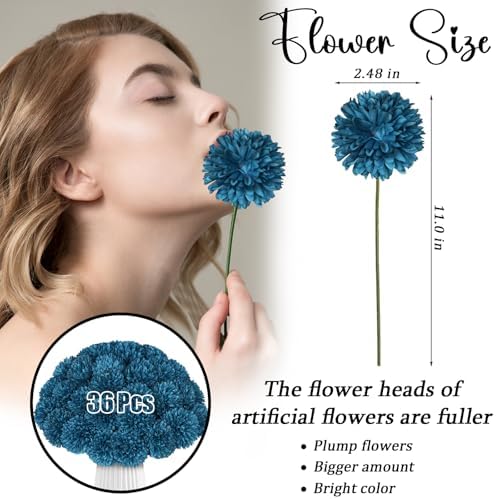 36 Pcs Artificial Chrysanthemums Flowers Silk Teal Ball Flower Fake Mums Flowers for Christmas Wedding Floral Table Centerpiece Home Decor