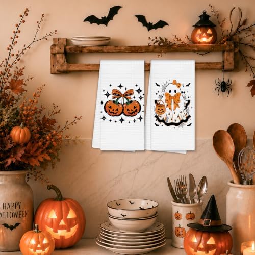 Halloween Pumpkin Fall Kitchen Towels, Coquette Orange Bow Ghost Pumpkin Fall Hand Towels for Bathroom Decor, Preppy Halloween Autumn Dishcloths Dish Towel for Kitchen 16x24 Inches Set of 2