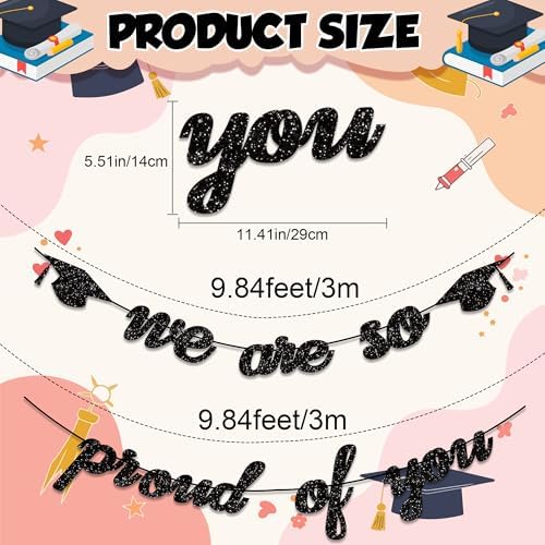 Graduation Decorations 2026 2027 | Pre-Strung Class of 2026 Graduation Banner, Black Glitter We are So Proud of You Grad Banner for Graduations Party Decorations Favors Supplies School Home Car Decorations