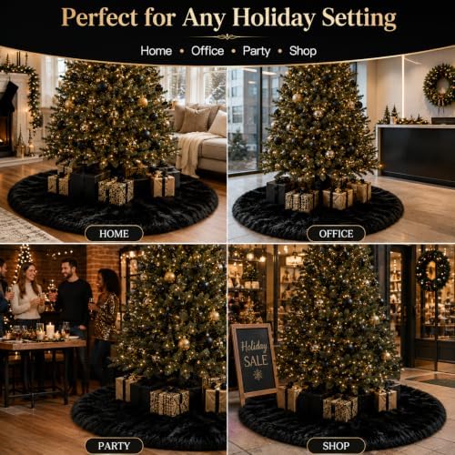 AISENO 48 Inch Black Faux Fur Christmas Tree Skirt - Halloween Tree Skirt Plush Holiday Decor for Xmas Tree, Festive Party, Home Decorations
