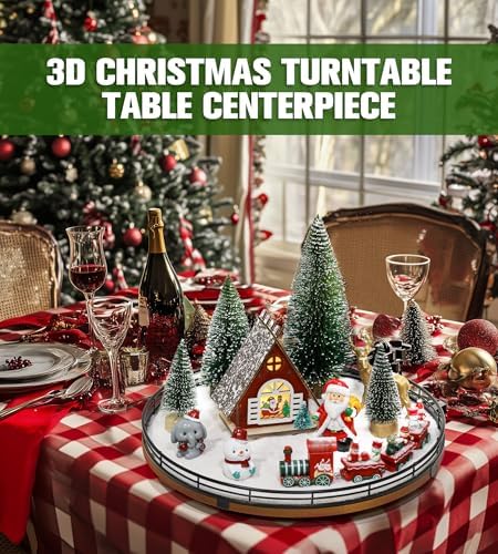 AMH 12-Piece Christmas Village Table Decor Set with Oak Rotating Base