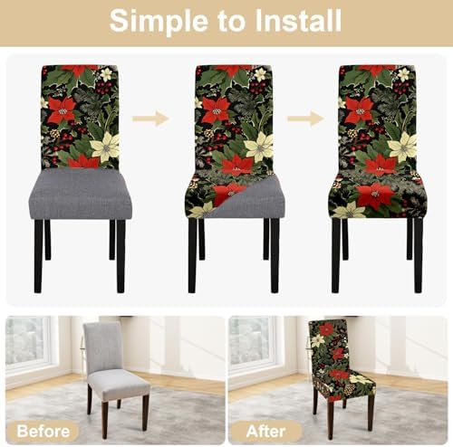 Flower Chair Covers for Dining Room – Festive Holiday Floral Print Slipcovers with Red Poinsettia, Pinecones & Holly – Stretch Washable Dining Chair Protector for Winter Decor, Parties