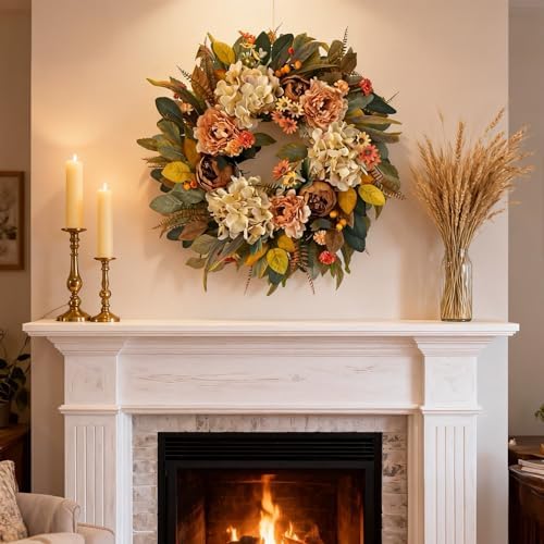HipTree 24 Inch Fall Hydrangea Peony Wreath for Front Door