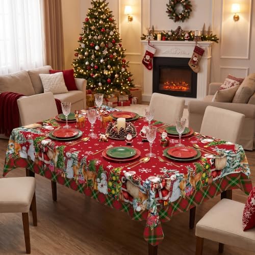Christmas Tablecloth 52x70 Inch, Santa Claus & Snowman Water Resistant Rectangular Table Cover, Farmhouse Winter Holiday Table Decor for Xmas Dinner Party Kitchen Home