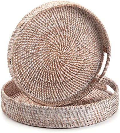 Round Rattan Serving Tray Decorative Woven Ottoman Trays / 11.8 / Whitewash / White / 11.8 x 2