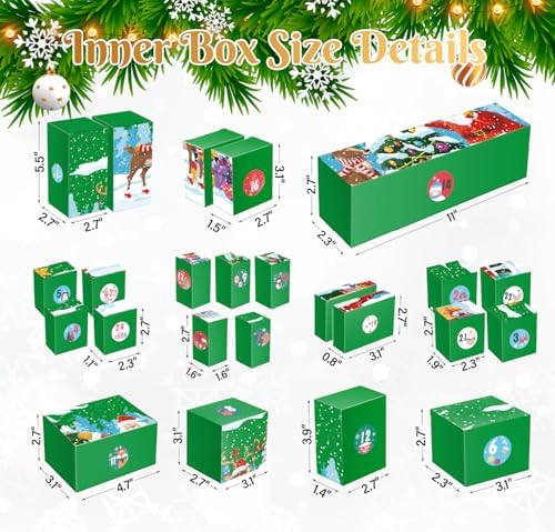 Linelglobal DIY Christmas Advent Calendar to Fill Empty Gift Box Set 2026-24 Days of Surprise Boxes for Kids, Family & Friends - Green