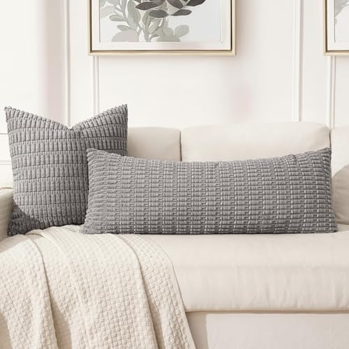 MIULEE Lumbar Corduroy Throw Pillow Cover for Bed 14x36 Light Grey Set of 1