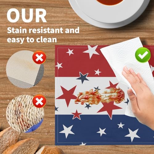 4th of July Placemats Set of 4 18x12 Inch Independence Day Patriotic Blue Red White Star Linen Place Mats Heat-Resistant Washable Wipeable Memorial Day Table Mat for Party Kitchen Dining Room Dinner