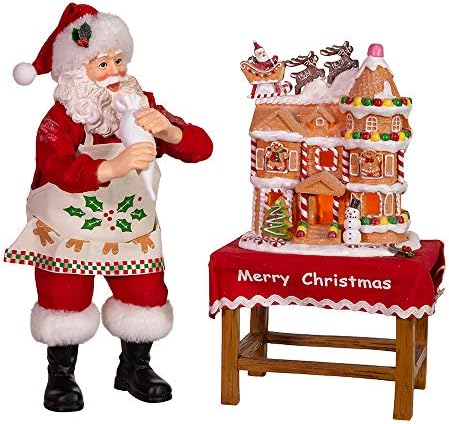 Kurt Adler 10.5-Inch Battery-Operated Fabriche Santa Decorating LED Gingerbread House Table Piece (JEL1203)