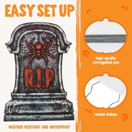 JOYIN 16" 9 Pcs Halloween Tombstones Decorations Outdoor, Graveyard Yard Lawn Plastic Headstones with 18 Metal Stakes for Halloween Cemetery, Indoor Decorations, Prop, Party Decor Supplies