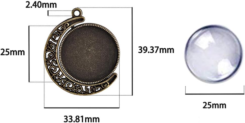 Moon Rotation Pendant Trays Kit- Double Side Cabochon Setting and Rond Glass / 25mm / Set of 60