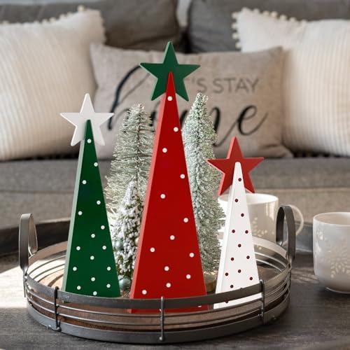 Christmas Decorations Indoor, 3 PCS Wooden Xmas Tree with Stars