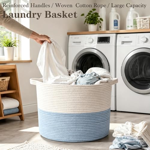 90L Large Blanket Basket,Woven Laundry Basket-White&Blue
