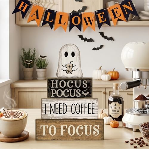 Lineshading 4 Pcs Wooden Tiered Tray Decor Ghost Coffee Block Signs