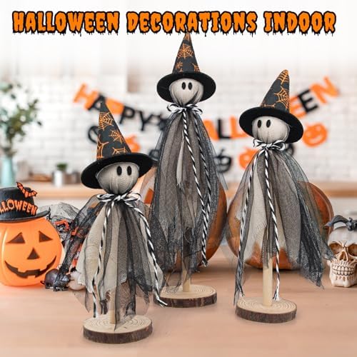 Halloween Decorations Ghost Shelf Sitters – Set of 3 Wooden Halloween decor with Witch Hats – Fabric Ghost Figures with Spiderweb Design – Table Decor for Tiered Tray, Mantel, Party Supplies(Black)