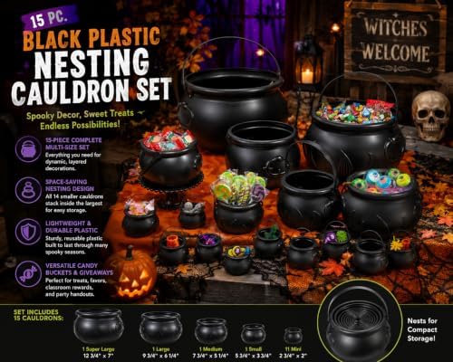 Fun Express Black Plastic Halloween Cauldron Set, Witch Buckets, 15pc