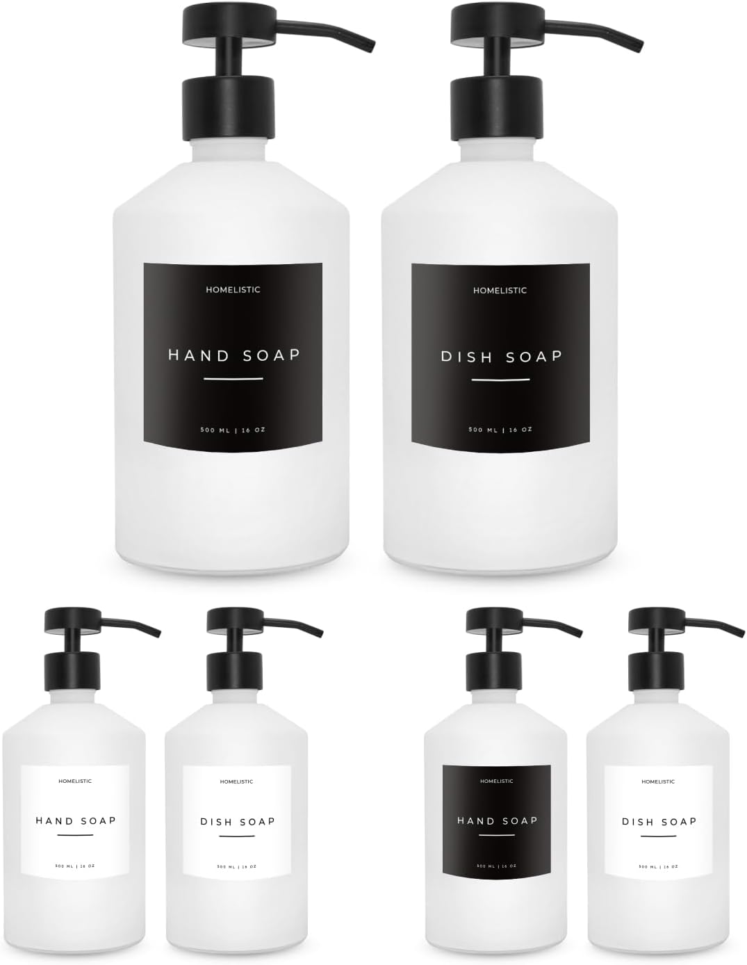 Luxury Glass Soap Dispenser Set of 2 - Elegant Aesthetic White Glass Bottles with Modern Matte Black Stainless Steel