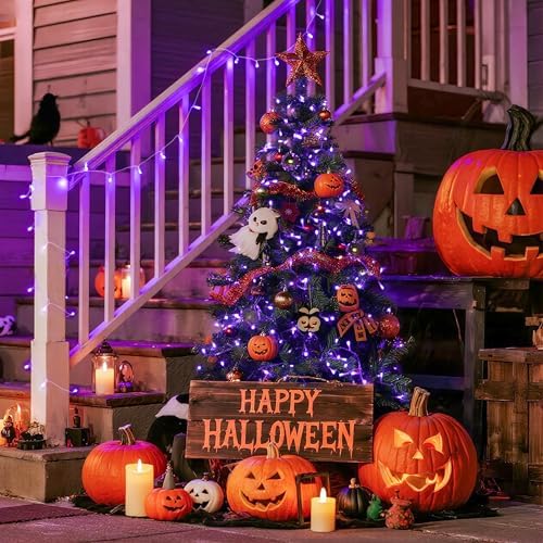 JMEXSUSS Connectable 8 Modes 100 LED Purple Halloween Lights Indoor Plug in