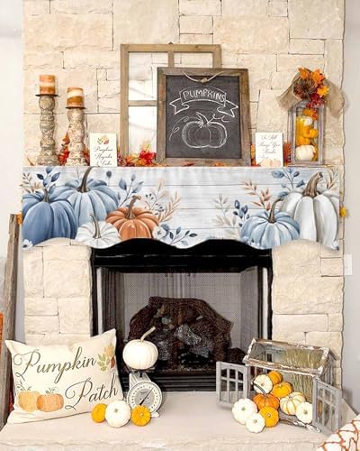 Fall Mantel Scarf for Fireplace, Blue Leaf Pumpkin Wood Grain Texture Fireplace Cover Decorations Indoor Thanksgiving Mantel Top Scarf Runner for Seasonal Autumn Holiday Party, 17 x 70 Inch