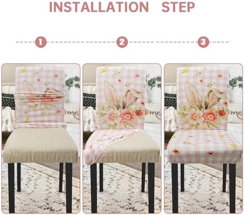 Easter Chair Covers Set of 4 Spring Pink Bunny Floral Buffalo Plaid Dining Room Slipcovers Stretch Parsons Chair Seat Protectors Spring Easters Decor-4PCS