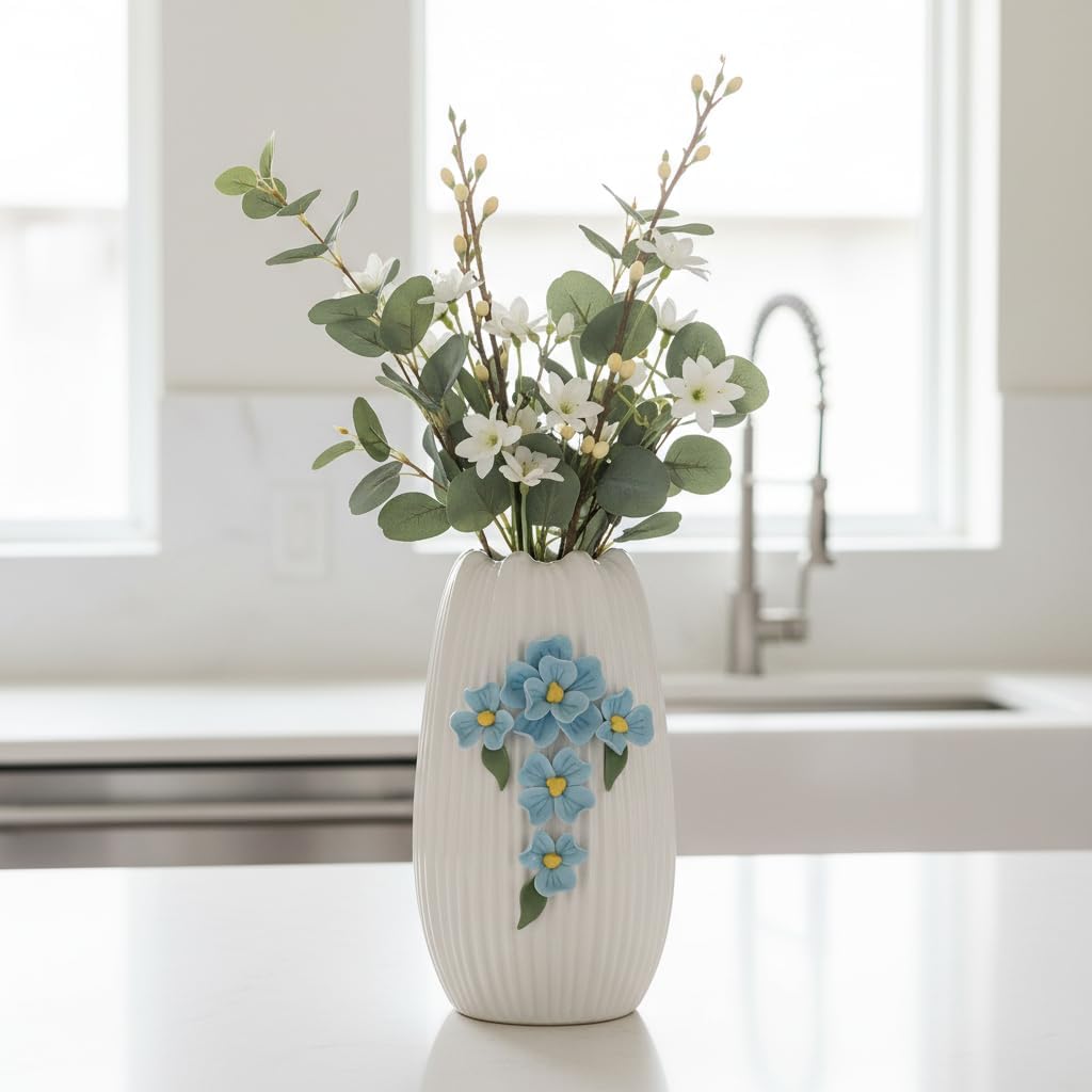 Modern Ceramic Vase / White and Light Blue / 9 Inch