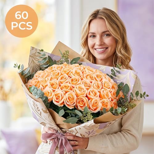 Auihiay 60PCS Artificial Roses, Champagne Roses, Velvet Silk Roses