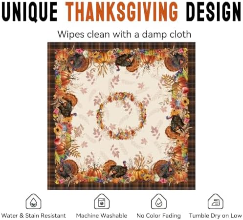 Thanksgiving Tablecloth Square 70 x 70 Inch, Stain Resistant Machine Washable Fabric Polyester Turkey Harvest Table Cloth Square Thanksgiving Tablecloth Table Cover for Kitchen Dining Party