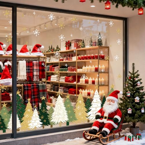 Whaline 9 Sheets Christmas Window Clings Window Decals White Green Gold Xmas Tree Snowflake Reusable Anti-Collision Windows Decor for Winter Home Glass Mirror Decor