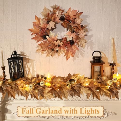 9 FT Lighted Fall Garland with Lights Autumn Automatic ON/Off Timer